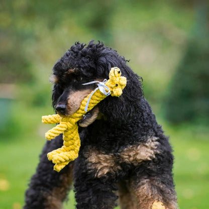 Gretchen Giraffe von Laboni Hundespielzeug aus Baumwolltau BALU manufaktur getragen von einem Hund