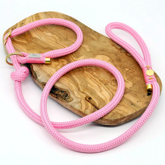 rosane Retrievereleine aus Seil in 1,2m länge und goldenen Metallelementen