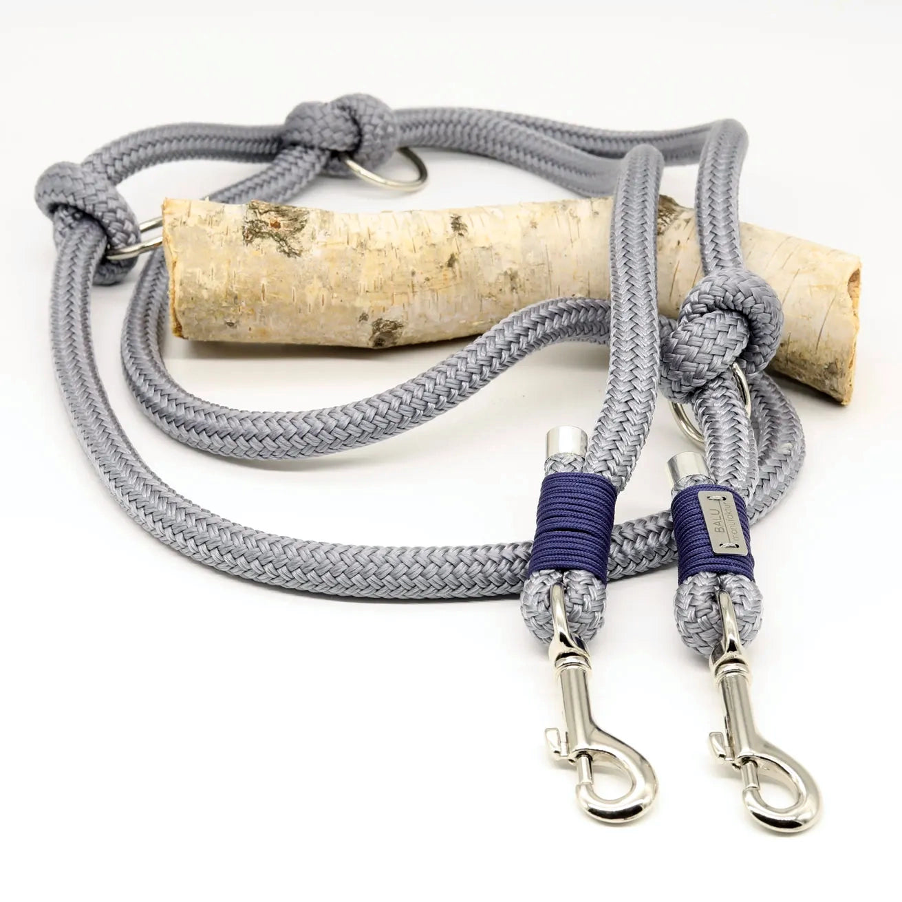 Verstellbare Hundeleine aus Seil 2m in grau mit silbernen Metallelementen