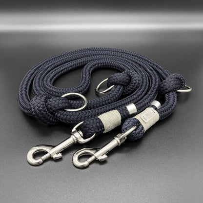 Verstellbare Hundeleine aus Seil 2m in dunkelblau mit silbernen Metallelementen